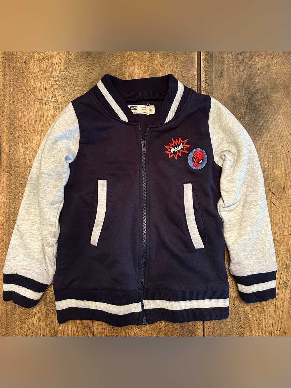 EUC Monica and Andy Marvel Spiderman Navy/ Light Gray Zip- up Bomber Jacket 5T.